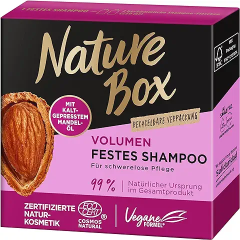 Nature Box Volumen de Champú Sólido (85 g), Champú Volumen con Aceite de Almendras para un Cuidado y Suavidad sin Peso, Embalaje Reciclable  