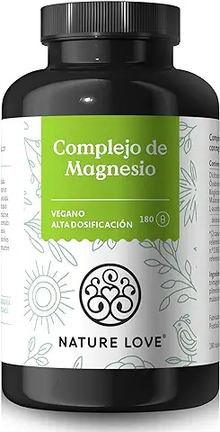 NATURE LOVE® Complejo de Magnesio - 180 Cápsulas - 400 mg de Magnesio Elemental por Dosis Diaria - Magnesiumbisglycinat, Magnesiummalat, Magnesiumscorbat - Vegano, de Dosificación alta  