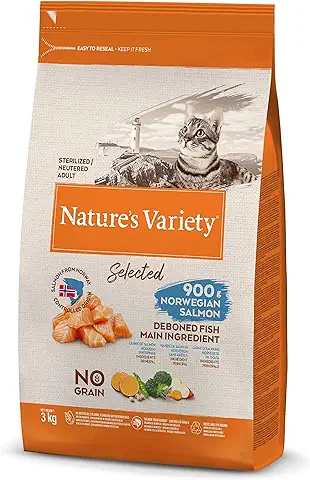 Nature's Variety Selected, Pienso para Gatos Adultos Esterilizados, Sin Cereales, con Salmón Noruego sin Espinas, 3kg  