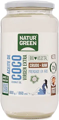 NaturGreen - Aceite de Coco Bio, Virgen Extra, Ideal para Cocinar, Hidrata Piel y Cabello, Ingredientes Naturales, Apto para Veganos - 860ml/ 800g  