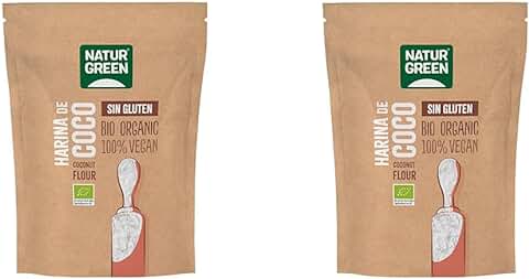 NaturGreen - Harina de Coco Bio, Harina Ecológica Sin Azucar, Sin Gluten Sin Huevo, Dieta Keto, Especial Repostería, 500 Gramos (Paquete de 2)  