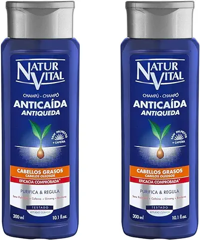 NaturVital - Champú Anticaída para Pelo Graso, Sin Parabenos ni Siliconas, Previene la Caída del Cabello, Champú Natural Fortificante, para Hombres y Mujeres, 300ml (Paquete de 2)