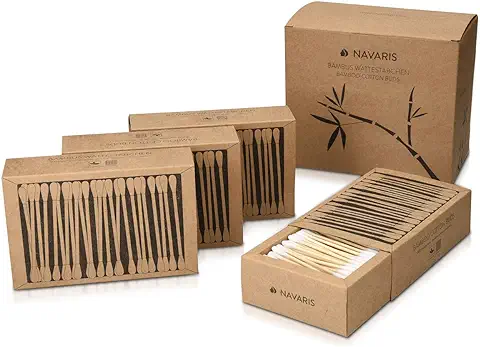 Navaris Bastoncillos para los Oídos de Bambú y Algodón - 800 Palillos de Orejas 100% Reciclables Biodegradables y Ecológicos - 4 Cajas de 200 uds.  