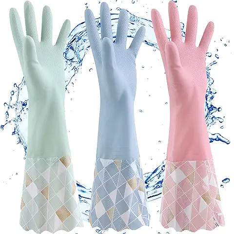 NC 3 Pares PVC Guantes de Lavado sin Látex, Forro de Algodón, Brazo Largo, Reutilizable para Lavar Platos Limpieza de la Cocina Hogar,Coche, Baño (Rosa+ Azul+ Verde)  