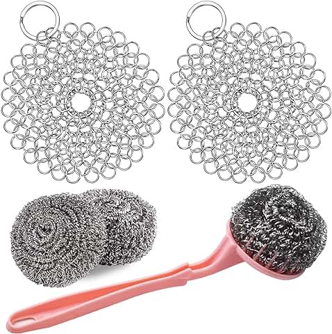 NC Limpiador de Hierro Fundido,2 Piezas Limpiador de Anillos de Acero Inoxidable Limpiador Sartén 3 Piezas Depurador de Bolas de Alambre de Acero Inoxidable con Mango  