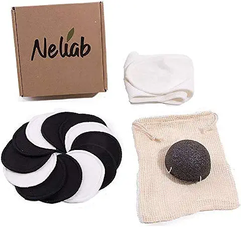 Neliab Discos Desmaquillantes Reutilizables Ecológicos Bambú con Esponja Konjac Esfoliante, Felpa Algodón y Bolsa Lavables - Toallitas Suaves Ideales para Limpieza Facial - 12 Discos Maxi  
