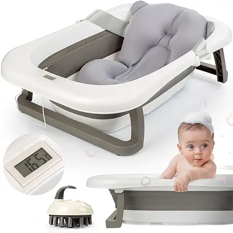 NIBLEAR Pack Bañera Plegable Bebé con Termómetro y Cojín Ergonómico Bañera bebe con Patas Plegables Bañerita Bebé con Esponja de Silicona Bañeras para Bebes Plegables Banheira Blanco y Gris  