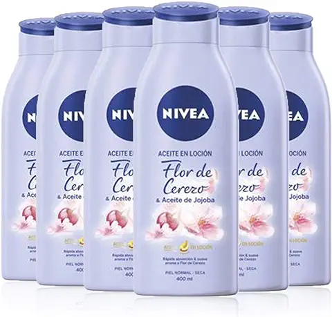 NIVEA Aceite en Loción Flor de Cerezo & Aceite de Jojoba en pack de 6 (6 x 400 ml), Loción Corporal de Rápida Absorción, Loción para el Cuidado de la piel seca y Normal  