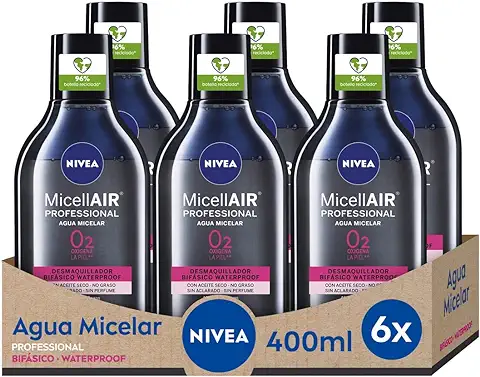 NIVEA Agua Micelar Bifásica Waterproof Professional Piel Sensible en pack de 6 (6 x 400 ml), Desmaquillante para Limpieza Facial con Extracto de té Negro, Desmaquillador de ojos y Rostro  