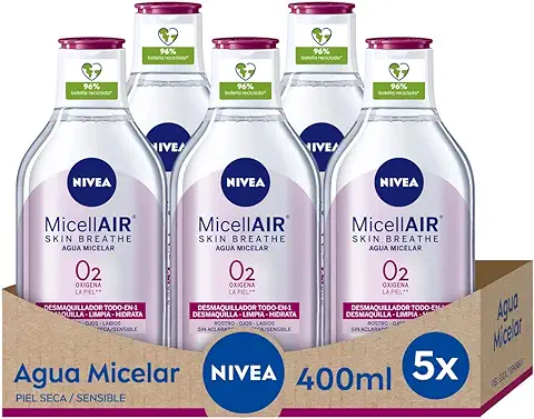 NIVEA Agua Micelar Suave para Piel Seca/Sensible en pack de 5 (5 x 400 ml), Desmaquillante para Limpieza Facial con Aceite de Almendras, Desmaquillador de ojos y Rostro  