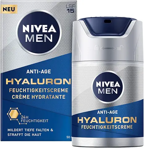 NIVEA MEN Crema Hidratante Antiedad con ácido Hialurónico (50 ml), Crema Facial con SPF 15, Suaviza Incluso las Arrugas Profundas, Cuidado Facial de Absorción Rápida con ácido Hialurónico  