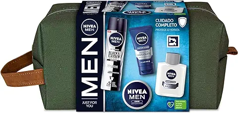 NIVEA MEN Pack Cuidado Completo Neceser, Set de Regalo para Hombre con Crema Facial (1 x 75 ml) Crema Hidratante todo el Cuerpo (1 x 150 ml), Bálsamo After Shave (1 x 100 ml), Desodorante (1 x 100 ml)  