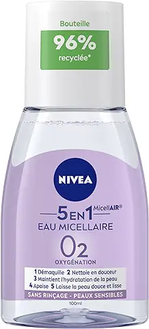NIVEA MicellAIR SKIN BREATHE Eau Micelar Pieles Sensibles Mini Formato, Desmaquillante 3 en 1 sin Perfume ni Colorantes, Limpiador Facial, ojos y Labios 100 ml - Lot de 2  