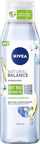 Nivea Natural Balance - Gel de Ducha con Aroma a Flores de Algodón y Aceite de Argán Orgánico (300 ml), Ducha de Cuidado sin Fragancias Alergénicas, gel de Ducha Vegano para Pieles Secas y Sensibles  
