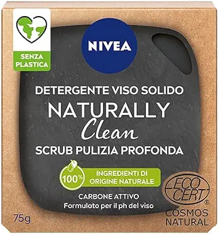 NIVEA Natural Clean Scrub Facial Sólido Limpieza Profunda 75 g, Peeling Facial 100% Natural con Carbón Activo y ácido Cítrico, Exfoliante Facial con Fórmula Vegana  