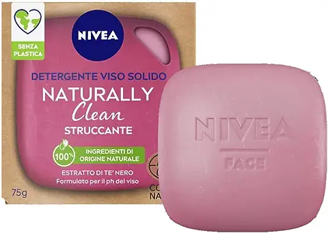 NIVEA NATURALLY CLEAN Desmaquillante Facial 75 g, Desmaquillante Sólido 100% Natural con Extracto de té Negro, Desmaquillante Facial Sólido Limpiador y Purificante con Fórmula Vegana  