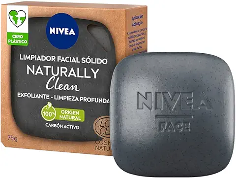 NIVEA Naturally Clean Exfoliante Facial Sólido Limpieza Profunda (1 x 75 g), Limpiador Facial 100% de Origen Natural, Pastilla Enriquecida con Carbón Activo  