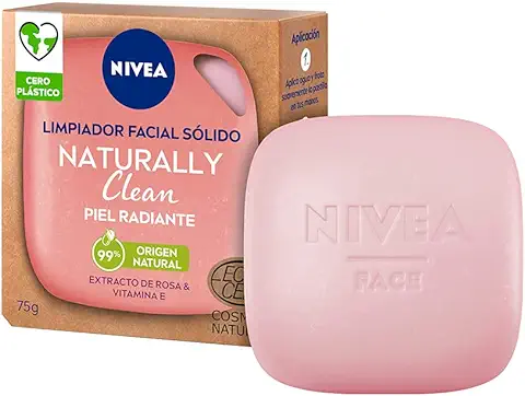 NIVEA Naturally Clean Limpiador Facial Sólido Piel Radiante (1 x 75 g), Pastilla 99% de Origen Natural para una Limpieza Profunda, con Extracto de rosa y Vitamina E  