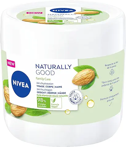 NIVEA NATURALLY GOOD Family Care Crema Multiusos para toda la Familia (1 x 450 ml), Crema 3 en 1 Enriquecida con Aceite de Almendras Dulces 100% Natural, Crema Facial- Cuerpo - Manos  