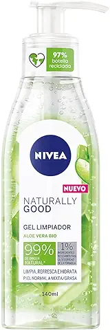NIVEA Naturally Good Gel Limpiador con Aloe Vera Bio (1 x 140 ml), Desmaquillante Facial con 99% de Ingredientes Naturales, gel Refrescante e Hidratante  
