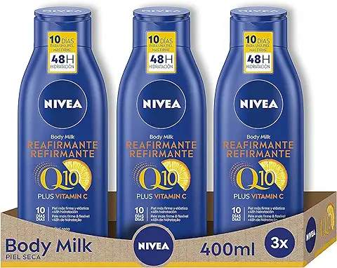 NIVEA Q10 Plus Vitamina C Body Milk Reafirmante (3 x 400 ml), Loción Corporal Hidratante, Crema Reafirmante Corporal con Coenzima Q10, Mejora la Elasticidad de la piel  