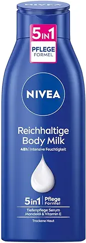 NIVEA Rica Leche Corporal (400 ml), Crema Corporal Nutritiva Intensiva con Aceite de Almendras de Origen Natural, Loción con Suero de Cuidado Profundo y Vitamina E  
