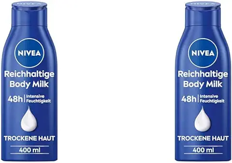 NIVEA Rica Leche Corporal (400 ml), Crema Corporal Nutritiva Intensiva con Aceite de Almendras de Origen Natural, Loción con Suero de Cuidado Profundo y Vitamina E (Paquete de 2)  