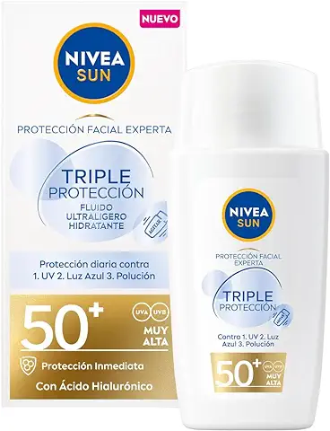 NIVEA SUN Crema Solar Triple Protección FP50+ con ácido Hialurónico (40 ml), Protector Solar Facial 50+ Ultraligero Hidratante, Protección Solar Contra UV, luz azul y Polución  