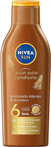 NIVEA SUN Leche Solar Zanahoria FP6 (1 x 200 ml), Protección Solar para un Bronceado Bonito y Duradero, Protector Solar Hidratante Resistente al Agua, Crema Bronceadora  