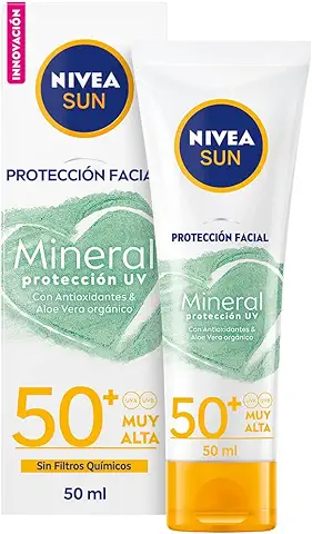 NIVEA SUN Protección Facial UV Mineral FP50+ (1 x 50 ml), Crema Solar Facial Vegana Resistente al agua y sin Perfume, Protección Solar muy alta sin Filtros Químicos  