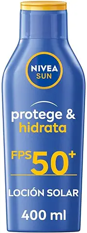 NIVEA SUN Protege & Hidrata Leche Solar FP50+ (1 x 400 ml), Protector Solar Hidratante y Resistente al agua con Protección UVA/UVB, Protección Solar muy alta  