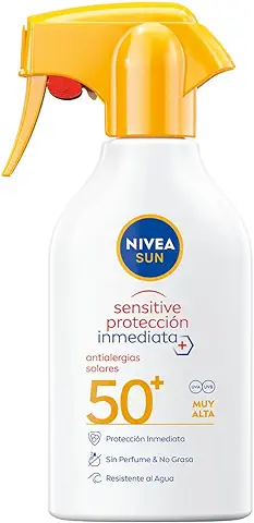 NIVEA SUN Sensitive Protección Inmediata Antialergias Solares FP50+ Spray (1 x 270 ml), Spray Solar Resistente al Agua, Protector Solar para piel Sensible, Pistola  
