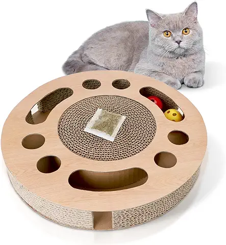 Nobleza Rascador para Gatos con Hierba Gatera，Redonda Rascadoras de Cartón para Cama con 2 Juguetes para Gatos Interactivos Pelotas  