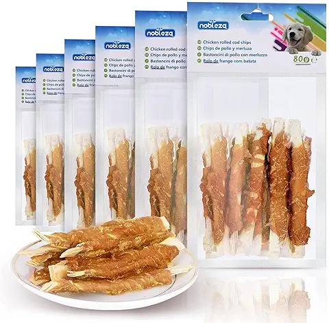 Nobleza - Snacks para Perros - Chips de Bacalao Enrollados con Pollo - Chuches Natural para Perros - Golosinas para Perro - Premios y Recompensas para Perros - L10 cm, 6 Bolsas x 80 gr  