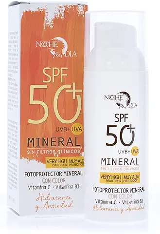 Noche y Día, Crema Solar Mineral con Color, Fotoprotector Hidratante Antiedad con Vitamina C y B3, Muy Alta Protección SPF 50 plus UVB UVA, sin Filtros Químicos, 50 ml  