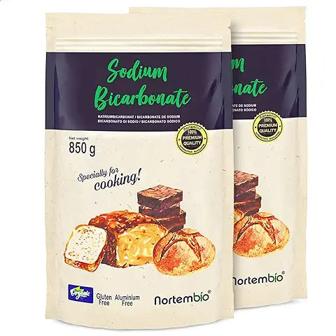 Nortembio Bicarbonato de Sodio Alimenticio 2x850 g. Bicarbonato de Sodio Ecológico para Cocina y Repostería. Bicarbonato Sódico Sin Aluminio para Lavar Frutas y Verduras. E-Book con Recetas Incluido.  