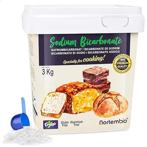 Nortembio Bicarbonato de Sodio Alimenticio 3 Kg. Bicarbonato de Sodio Ecológico para Cocina y Repostería. Bicarbonato Sódico Sin Aluminio para Lavar Frutas y Verduras. E-Book con Recetas Incluido.  