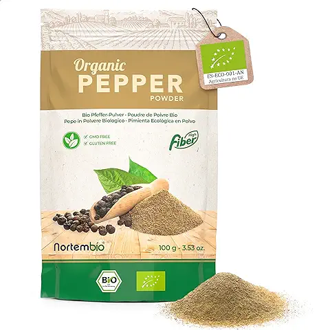 Nortembio Pimienta Negra Ecológica en Polvo 100 g. Origen 100% Natural. Calidad Gourmet. Pimienta Negra Molida Sin Aditivos ni Conservantes. Envase Hermético & Cierre Zip. E-Book con Recetas Incluido.  