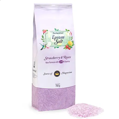 Nortembio Sal de Epsom 700 g. Fragancia Fresa y Rosas. Sal de Baño Hidratada con Vitamina C y E. Relajación de Músculos, Aromaterapia y Buen Sueño. E-Book Incluido.  
