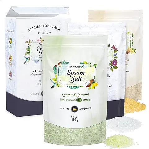 Nortembio Sal de Epsom Pack Regalo. Fragancias de Limón y Coco + Vainilla y Canela. Hidratadas con Vitamina C y E. Sal de Baño para Relajación Muscular, Aromaterapia y Buen Sueño. E-Book Incluido.  