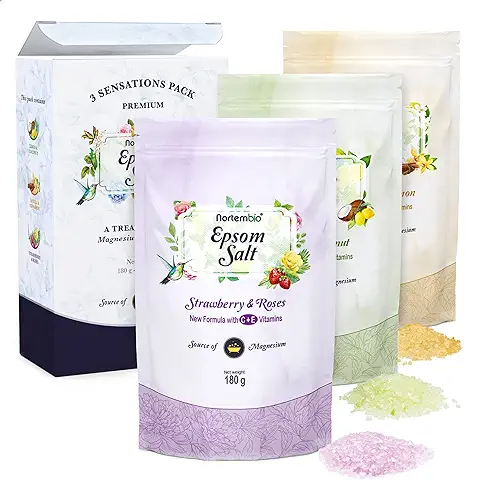 Nortembio Sal de Epsom Pack Regalo. Fragancias Vainilla, Rosas y Limón. Hidratadas con Vitamina C y E. Sal de Baño para Relajación Muscular, Aromaterapia y Buen Sueño. E-Book Incluido.  