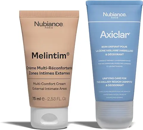 NUBIANCE - Dúo Armonizador para Zonas Sensibles – Axiclar 75 ml Desodorante Antimanchas Contra Vellos Encarnados, Hidratante, Hiperpigmentación de Axilas + Melintim 75 ml, Crema íntima Multiconfort  