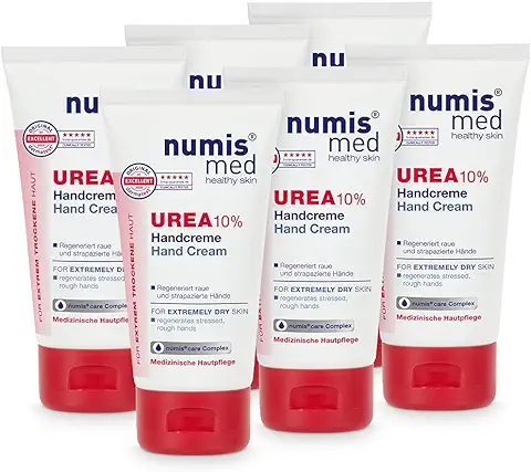 Numis med Crema de Manos con 10% de Urea, 6 Unidades de Crema de Manos Calmante para Manos muy Secas y Dañadas, Cuidado de la piel Vegano sin Siliconas, Parabenos ni Aceite Mineral (6 x 75 ml)  