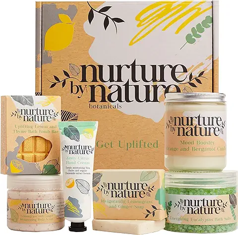 Nurture By Nature ENERGIZANTE & RELAX, Set de Regalo para Mujer, Refuerzo Natural del Estado de Ánimo, Aceite Esencial, Sales de Baño, Jabón, Bombas de Baño, Vela, Hombres  