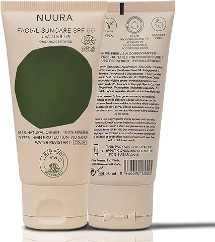 NUURA Protección Solar Mineral Facial con Color - Ecológica Certificada Orgánica - Vegana - Ocean and Reef Respect - Envase Ecológico - Cruelty Free - SPF 50+ UVA/UVB/IR [50 ml]  