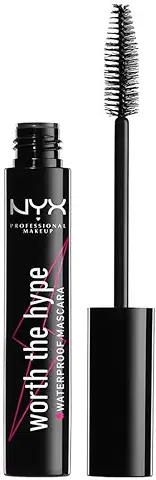 NYX Professional Makeup Máscara de Pestañas Worth the Hype Waterproof Mascara, Volumen y Longitud, Cepillo de Punta Cónica Llega a Todas las Pestañas, Aceite de Jojoba, Tono: Negro  