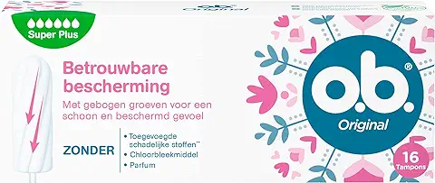 O.b.® Tampones Originales Super Plus para Días Menstruales muy Duros, con Tecnología StayDry y Ranuras Curvas, para una Protección Confiable y una Sensación Limpia, 16 Unidades  