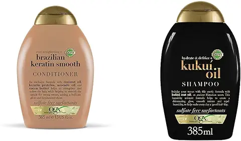 OGX Acondicionador Keratina Brasileña, Cabellos Ondulados o Rizados, 385ml & Champú Antiencrespamiento sin Sulfatos ni Parabenos, Anti-Frizz, Aceite de Kukuí­, 385 ml  