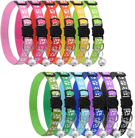 Onebarleycorn – 12 Collares de Gato de Liberación Rápida Reflectantes de Seguridad de Nailon con Campana de 20 a 33 cm  