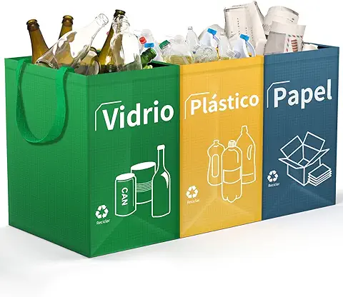 Opret Bolsas Basura Reciclaje 3 Piezas, Cubos de Basura de Reciclaje Colores con Gran Capacidad 40L Separadas con Asas, para Papelera/Vidrio/Plástico/Casa/Cocina  